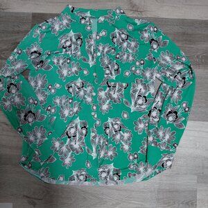 Icikuls Women's Small Pullover 1/4 Button Up Long Sleeve Top Shirt Green